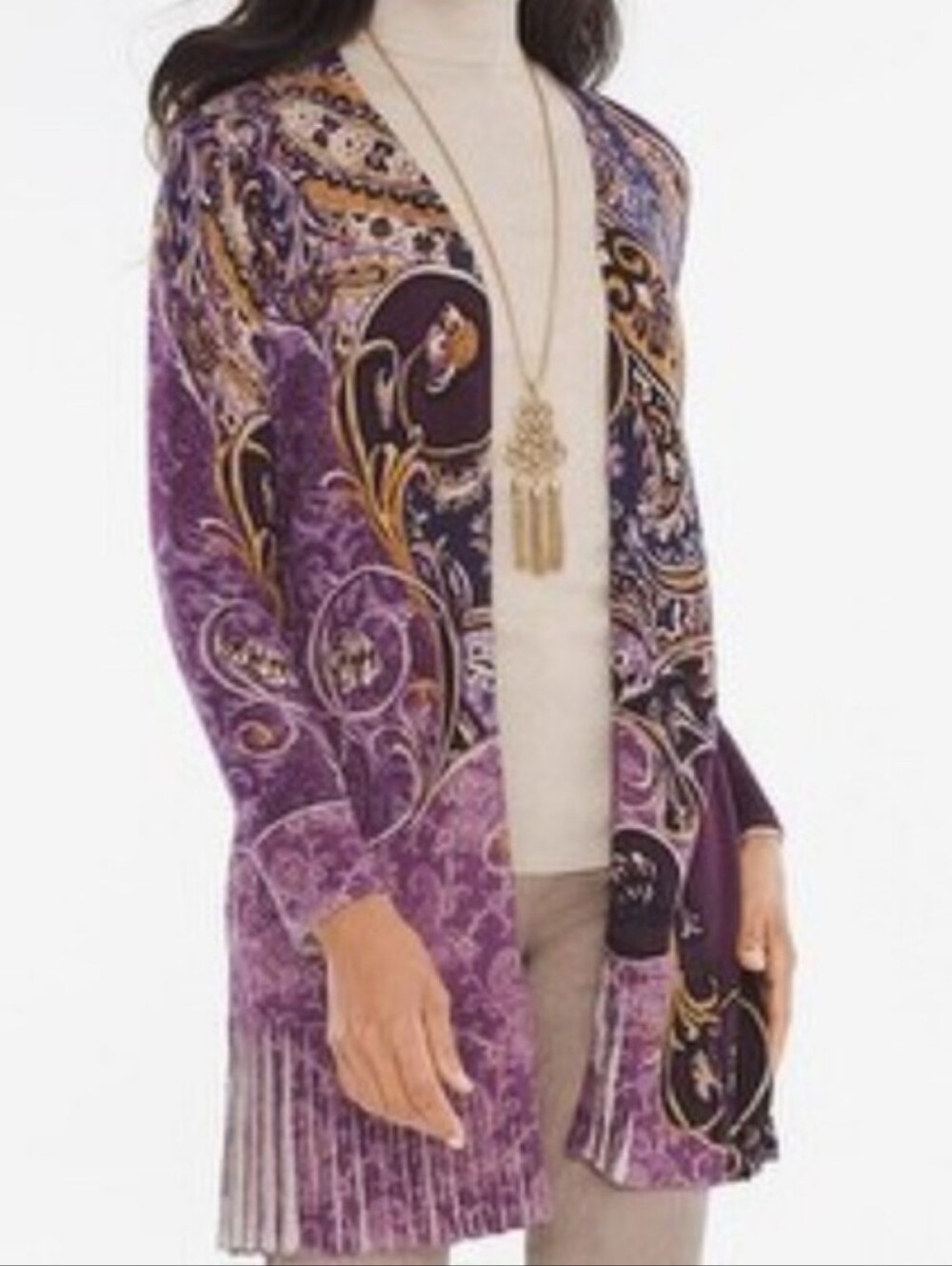 Chicos Purple Paisley Open Front Cardigan with Pleated Fringe Print Detail